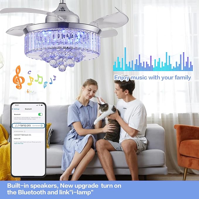 36" Retractable Crystal Ceiling Fan with Light, RGB Modern Fandelier 6 Speeds Reversible Blades Dimmable Chandelier Ceiling Fan with Remote App Control Memory Timer Silver