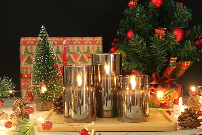 GenSwin Glass Flameless Candles with Remote Battery Operated Flickering LED Pillar Candles Real Wax 3D Wick for Wedding Festival Home Decoration(Gray,Pack of 3)