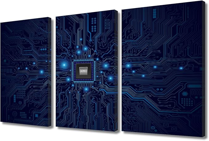 Digital Age Wall Art for Living Room Electronic PC Office Wall Decor 3 Piece Canvas Prints Technology Digital Art Modern Artwork House Decoration for Bedroom Bathroom Framed Ready to Hang(24"Wx36"H)