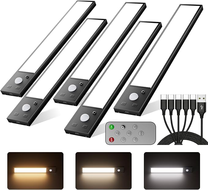 5Pack Under Cabinet Lighting, 3000mAh Rechargeable Motion Sensor Light Indoor, 8inch Magnetic Closet Lights with Dimmable & 3 Color Temps, Wireless Motion Activated Under Counter Lights for Kitchen