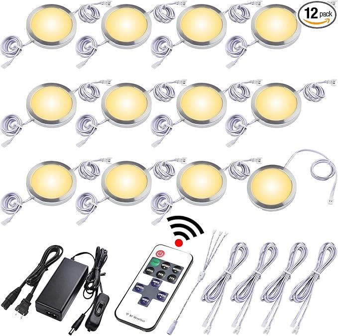 Slim Under Cabinet LED Puck Lights, 110V Wired Ambiance Lighting, Plug-in & Direct Hardwired, Daisy Chained linkable, Wireless RF Remote Dimmable, White Cables, Warm White, 12 Lights