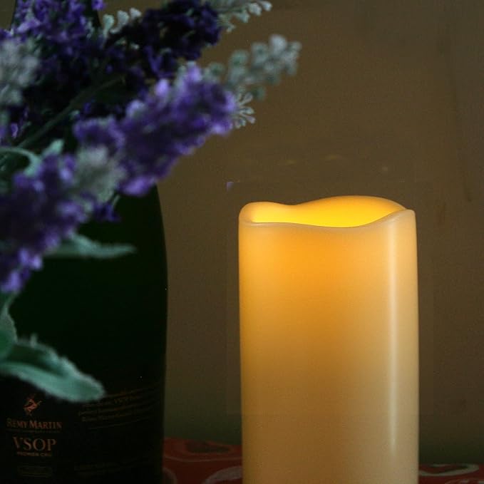 Outdoor Battery Operated Flameless Candles with Timer, Realistic Flickering Plastic Fake Electric LED Pillar Lights Waved Edge for Home Garden Wedding Party Christmas Decor 3x5 Inches 2-Pack