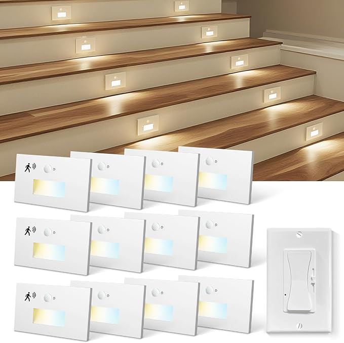 LED Step Lights Indoor Motion Sensor, 4W 300LM 0%-100% Stepless Dimmable 120V Hardwired Stair Lights Outdoor, IP65 Waterproof, 5CCT Staircase Lighting, 2700K/3000K/4000K/5000K/6500K, ETL, 12 Pack