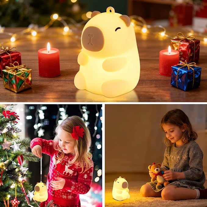 Squishy Christmas Capybara Night Light with RGB Modes Dimmable Nursery Breastfeeding Nightlight Hangable Cute Novelty Animal Lamp Rechargeable Silicone Touch Bedside Lamp for Bedroom Dorm Decor