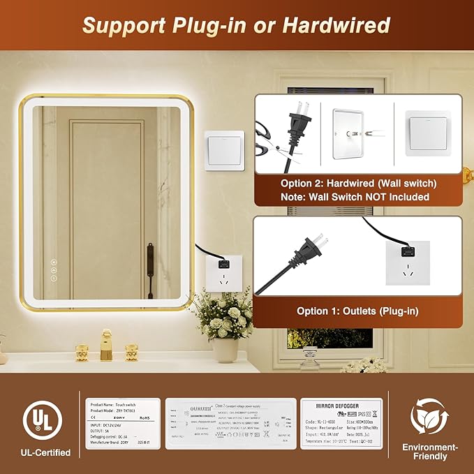 28x40 Inch Gold Framed LED Bathroom Mirror with Lights, Built-in Bluetooth Speaker,Tempered Glass,Dimmable Lighted Bathroom Vanity Mirror with 3 Colors, Backlit + Frontlit, Memory, Anti-Fog