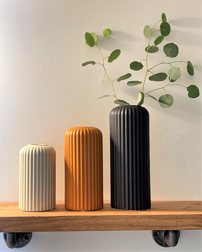 Rumi Decor Modern Ceramic Vases for Living Room, Coffee Table, Home, Fireplace, Shelf Accents, Dining Table - Black