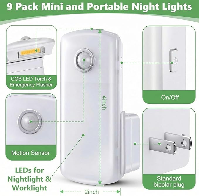 Enhon 9 Pack Emergency Power Failure Night Lights, Motion Sensor Night Light, Automatic Dusk to Dawn, Emergency Lights for Home, Bedrooms, Hallways, Black Outs, Rechargeable