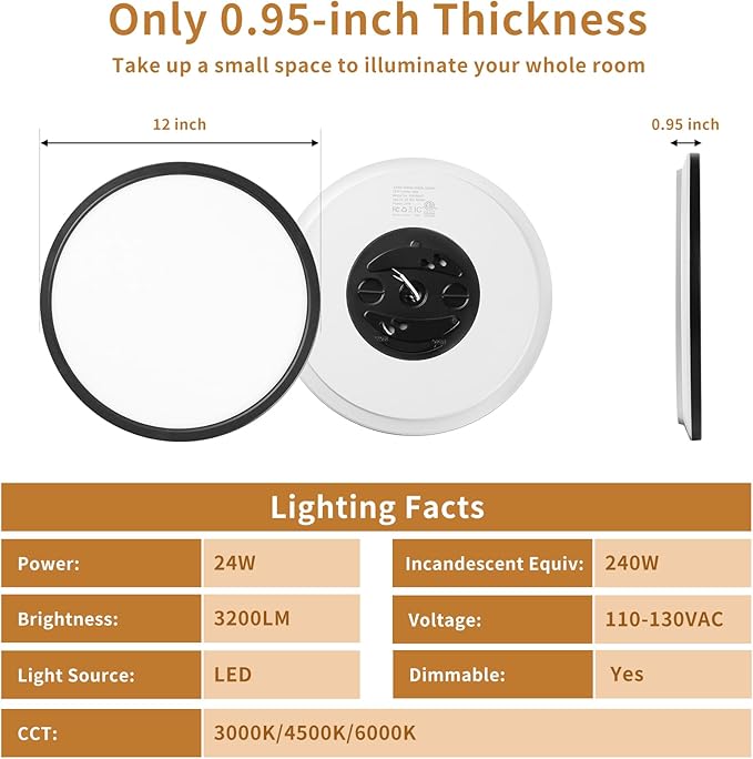 3200LM Flush Mount Ceiling Light Fixtures Black 12Inch, Dimmable LED Ceiling Lights for Bedroom, CCT Adjustable 3000K 4500K 6000K, Bright Low Profile Flat Ceiling Lights for Kitchen Bathroom, 2 Packs