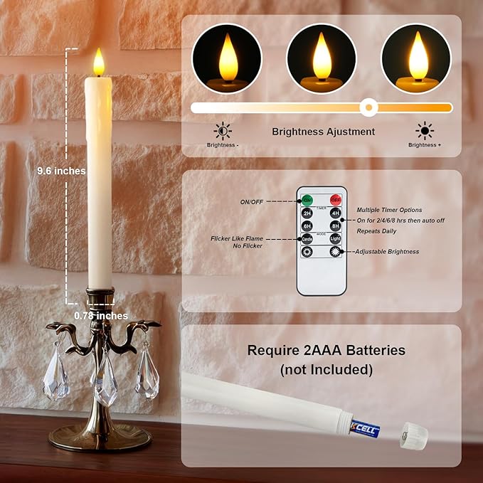 Homemory 3 Pcs Real Wax Flameless Taper Candles with Remote Timer and Dimmer, Battery Operated Candlesticks with Flickering Light, White Window Candles, 9.6 Inches for for Wedding Home Decor
