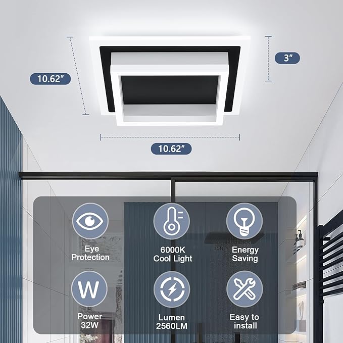 32W Modern LED Ceiling Light, Small Flush Mount Light Fixture, 6000K Cold White Ceiling Lamp, Square Hallway Lighting Fixtures for Living Room Bedroom Bathroom Kitchen (Black, Cold White)