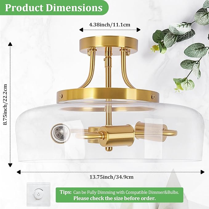 TOBUSA 3-Light Semi Flush Mount Light Fixture, Modern Industrial Glass Ceiling Light with E26 Base, Metal Semi Flush Ceiling Light for Living Room Kitchen Bedroom Hallway Balcony, No Bulbs, Gold
