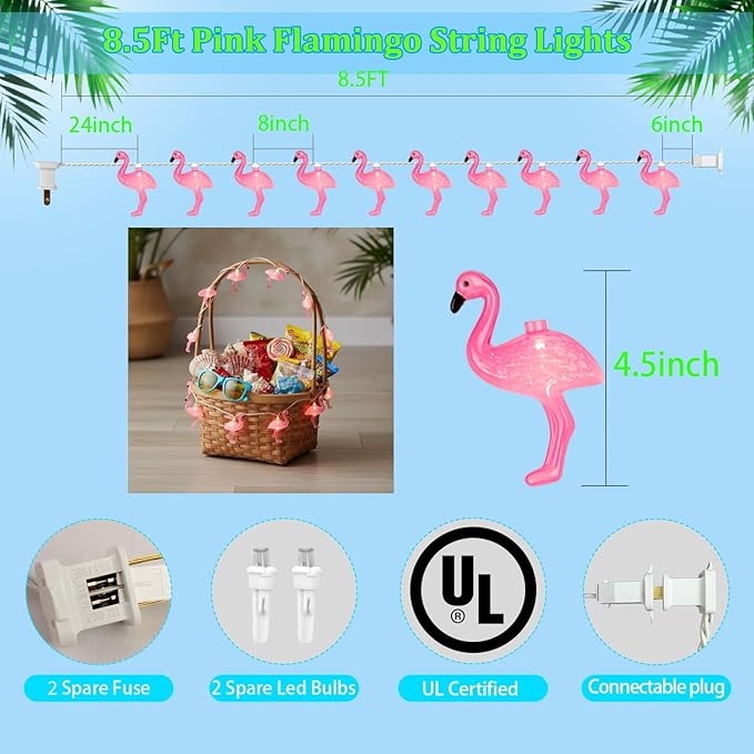 Pink Flamingo Outdoor String Lights, 8.5Ft Summer Patio String Lights, Outdoor Party Lights for Bedroom Birthday Wedding Holiday Summer Themed, Tropical Party Décor, Flamingo Decoration