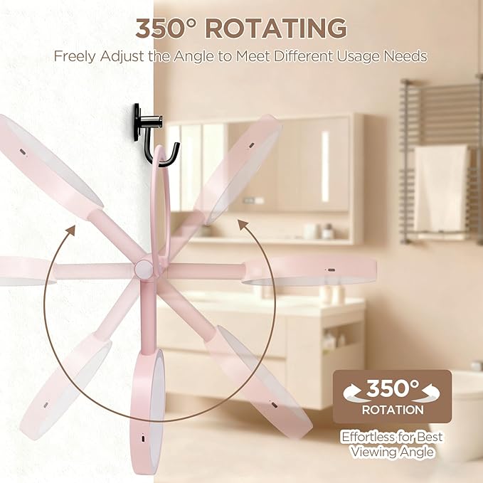 Makeup Mirror with Lights - 360° Rotation, 3 Color Modes (Dimmable), 1X/10X Magnifying Double-Sided Mirror, Rechargeable & Portable Vanity Mirror with Touch Control for Tabletop, Home, Travel Pink