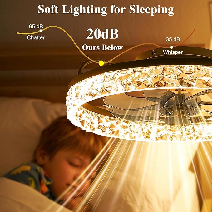 Ceiling Fans with Remote and Lights Fandelier - Modern Low Profile - 20'' Flush Mount Ceiling Fans for Bedroom,6 Speeds and Stepless Color Temperature- Crystal and Black