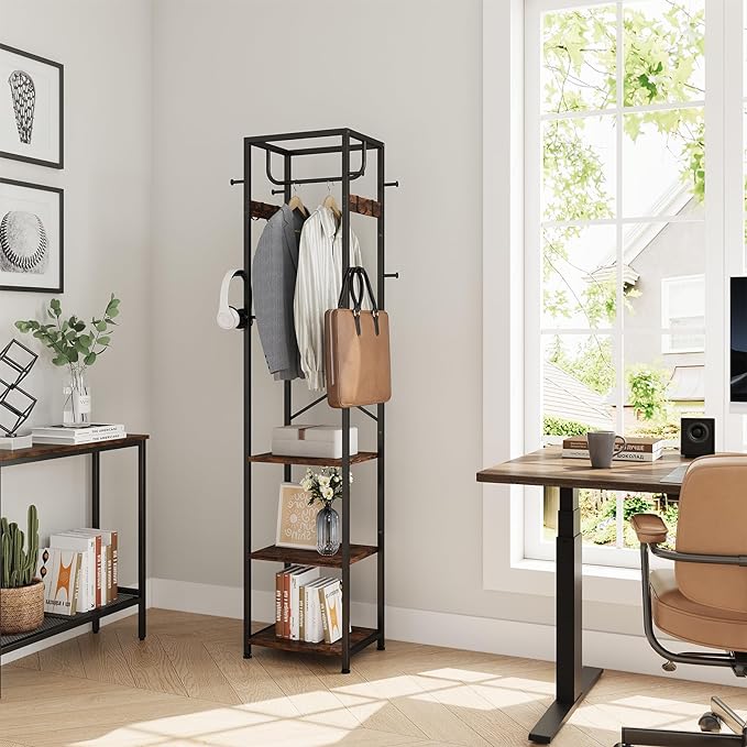 ELYKEN Coat Rack Freestanding, Hall Tree with 3 Storage Shelves and 12 Hooks, Industrial Clothes Rack Stand Organizer for Bedroom, Hallway, Entryway, Office, Living Room, Rustic Brown