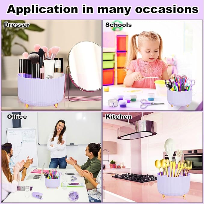 Purple Desk Organizers and Accessories Set with 360-Degree Rotating Pen Holder, Tape Dispenser, Stapler, Staple Remover, 1000 Staples, Tape, Clips Set, Ruler, Scissor, Pen