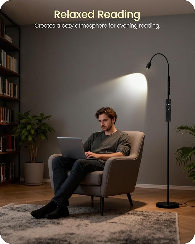 Reading Floor Lamp, 74.2" Tall LED Lamp, with 360° Flexible Gooseneck & Touch & Remote Control, Ajustable Color & Beam, Crafts Standing Lamp, for Reading, Task Craft, Living, Black WB16LD05