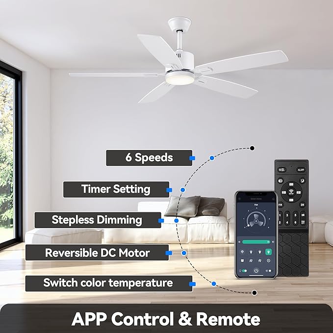 SUNMORY 52" Ceiling Fans with Lights, Smart Ceiling Fan with APP and Remote Control, Reversible DC Motor, Noiseless, Stepless Dimmable, Modern Ceiling Fan for Indoor/Outdoor Use, White