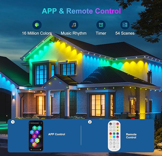 Aogled Permanent Outdoor Lights for House,50ft RGB+IC Smart Eave Lights with 30 LEDs,IP67 Waterproof,Remote/APP Control,DIY Scene Modes&Music Sync Lighting for Outdoor Christmas Decorations