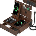 Wood Phone Docking Station with USB Ports and Outlets, Nightstand Organizer with Charging Station, Bedside Organizer with Drawer for Watch & Accessories, Christmas Anniversary Birthday Gifts for Men
