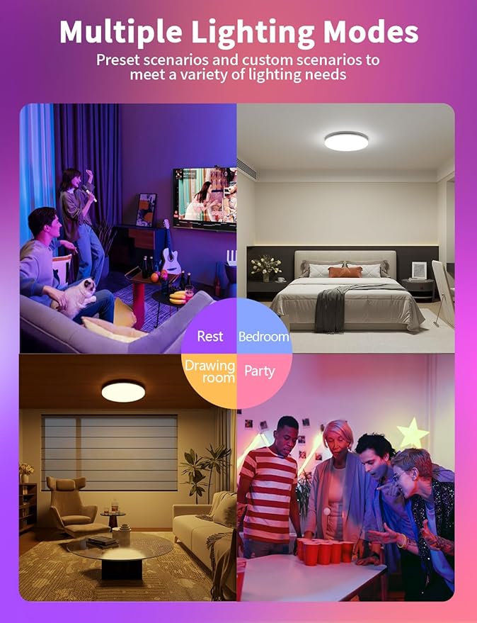 Smart LED Ceiling Light Fixture, Modern Dimmable Flush Mount Ceiling Light, Compatible with Alexa & Google Home, Lighting for Bedroom, Kitchen, Living Room, 12 Inch