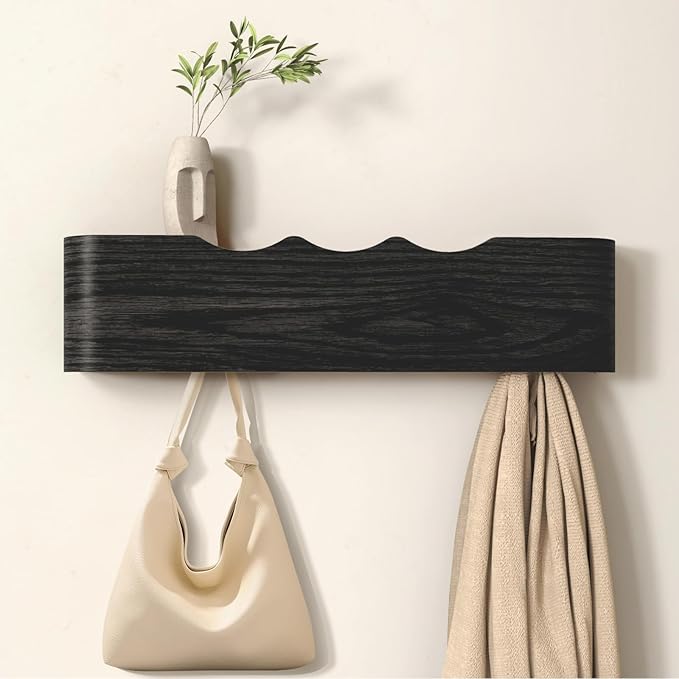 Coat Rack Wall Mount Entryway Organizer Modern Key Holder Wall Mount with Wooden Shelf Entryway Hooks for Bedroom Kitchen Hallway Bathroom for Hanging Coats Hats Dog Leashes Bags Towels