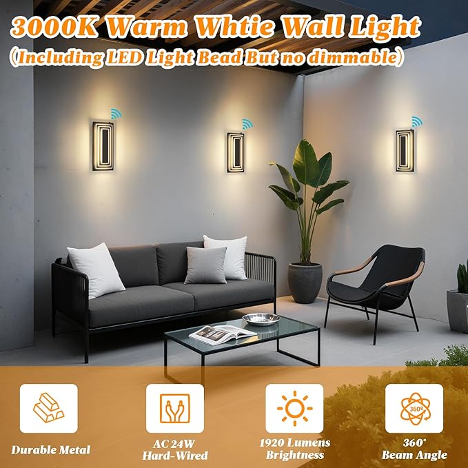 Dawn To Dusk Outdoor Light Fixture Modern Exterior Wall Light, 3-Tier Black Outdoor Wall Sconce, 15.7 IN Outdoor Lights For House,Front Door, Patio, Warm White 24 W Outside Porch Lights 2 Pack