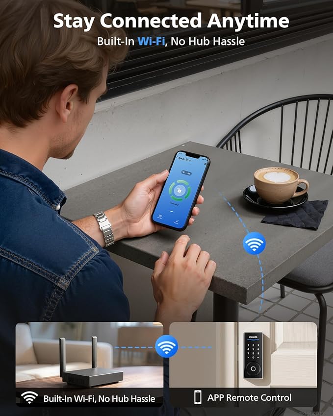 Philips Wi-Fi Smart Lock with Handles, Built-in WiFi Keyless Entry Front Door Lock Set, Keypad Deadbolt with Handle, App Fingerprint Code Unlock, Auto Locking, Remote Control & Voice Unlock, Nickel