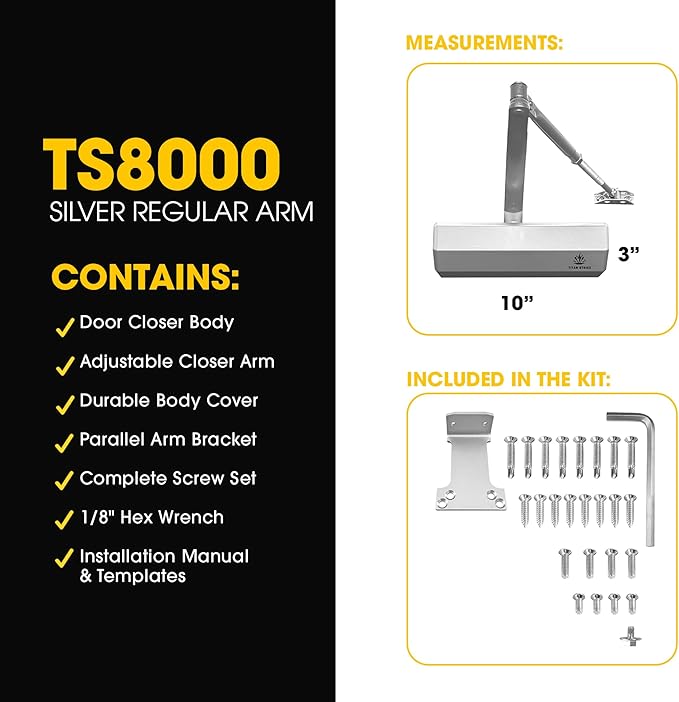 Heavy Duty Automatic Door Closer with Regular Arm, Commercial Indoor/Outdoor Adjustable Door Closer, ANSI Grade 1, UL Certified, ADA Compliant, Silver