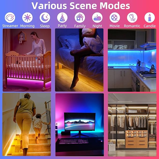 Motion Sensor Under Bed Lights,2x13.12Ft RGB Color LED Strip Lights with Constant On,Motion Activated,Light Sensing 3 Modes,App and RF Remote Control USB Music Sync Stair Lights for Bed Cabinet Closet