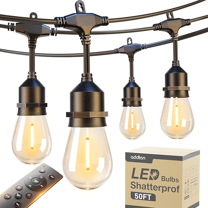 addlon 50FT Outdoor String Lights LED with Remote Dimmable Patio Lights Waterproof Shatterproof Edison Bulb for Outside Backyard Porch Garden Bistro Pergola Party Decor, Warm Ambience Lighting
