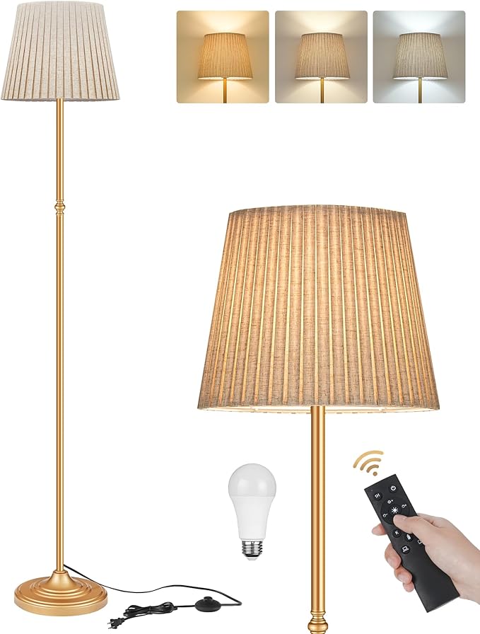 Dimmable Floor Lamp for Living Room, 68" Tall Standing Lamp, Reading Light with Remote & Foot Pedal, 10W LED Bulb (3000K-6500K) Included, FCC Listed, Reinforced Base, Gold and Beige DE12LD05