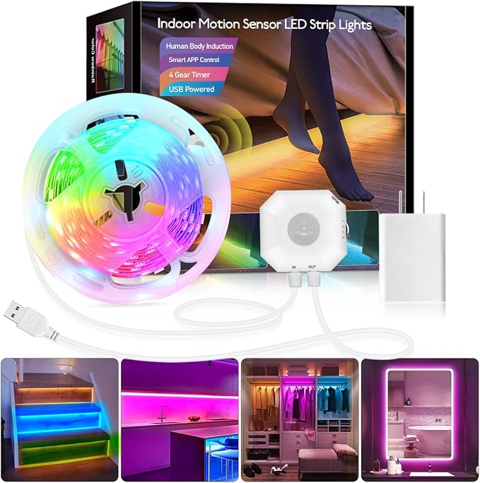 Daymeet Motion Sensor Under Bed Lights, 9.8ft RGB Motion Activated LED Strip Lights with Automatic Shut Off Timer App Control Cabinet Night Light Closet Lights for Hallway, Kitchen,Bedroom,Stair
