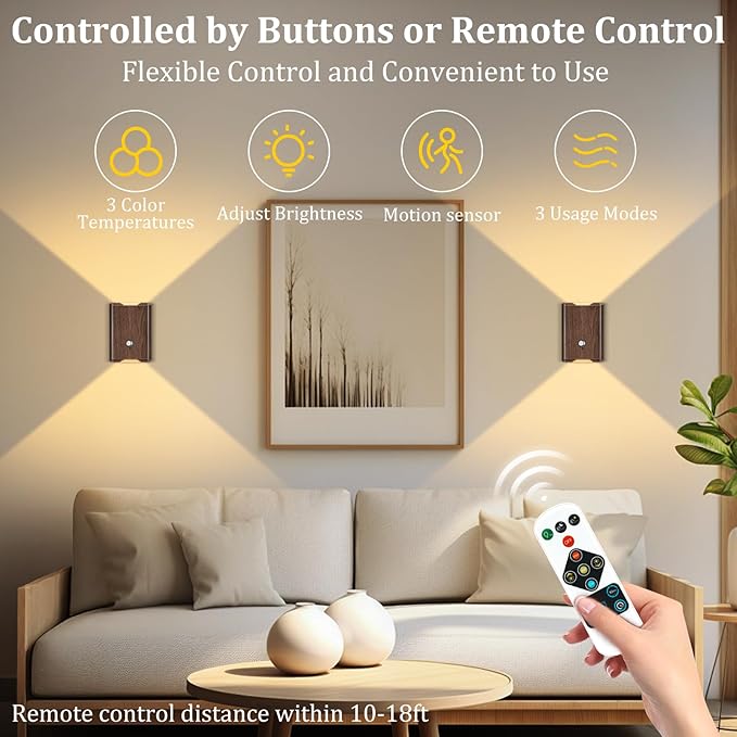 Rechargeable Motion Sensor Wall Light - 3 Colors Battery Powered Wireless Wall Sconces Set of Two with Remote, Magnetic Motion Sensor Stair Lights Indoor Night Light for Bedroom Hallway Closet, Walnut