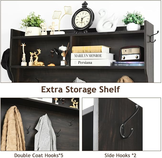4ever2buy Farmhouse Hall Tree with Bench 5-in-1 Entryway Bench with Coat Rack with Sliding Barn Doors Entryway Coat Rack with Shoe Storage Dark Oak