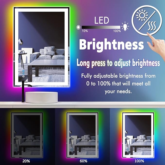 30 x 20 Inch Square LED Bathroom Mirror with Front Lights 3 Color + Rainbow RGB Backlit Light up Mirror for Bathroom Wall Mounted Lighted Vanity Mirror Anti Fog RGB 30x20 Smart Lighted Mirror