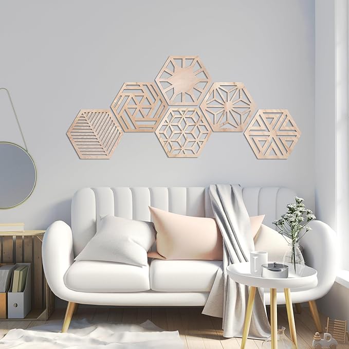 Ripeng 6 Pcs 11.8 Inch Boho Hexagon Wall Decor Farmhouse Wood Earthy Hexagon Wall Panels Modern Hollow Carved Design Rustic Abstract Decor for Living Room Kitchen Bedroom(6 Style)