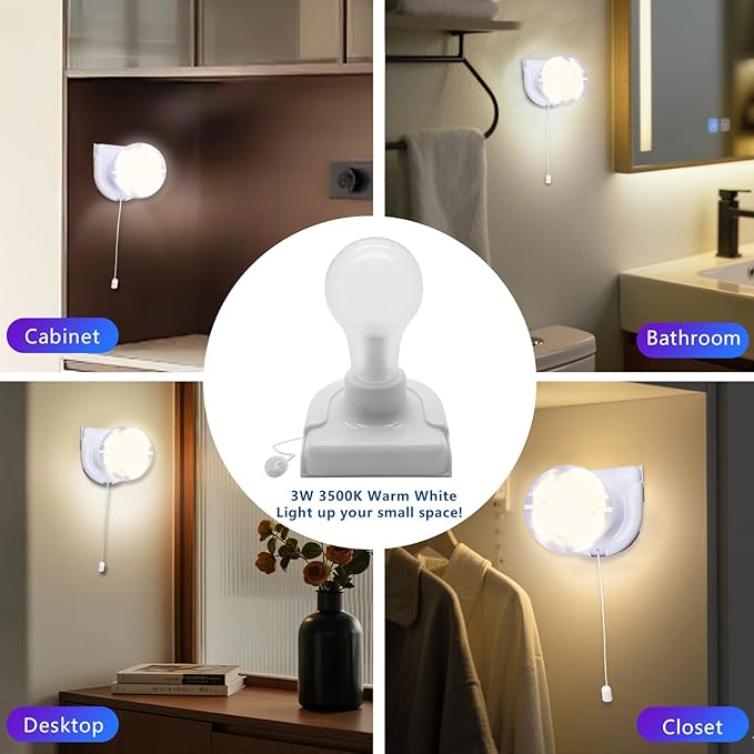 Stick-Up Light Bulb for Closet, 2Pack Battery Operated LED Light Bulb with Pull Chain, Wireless Self Adhesive Wall Mounted Lamp Fixtures for Cabinet Bedroom Living Room Kitchen, Clear Cover