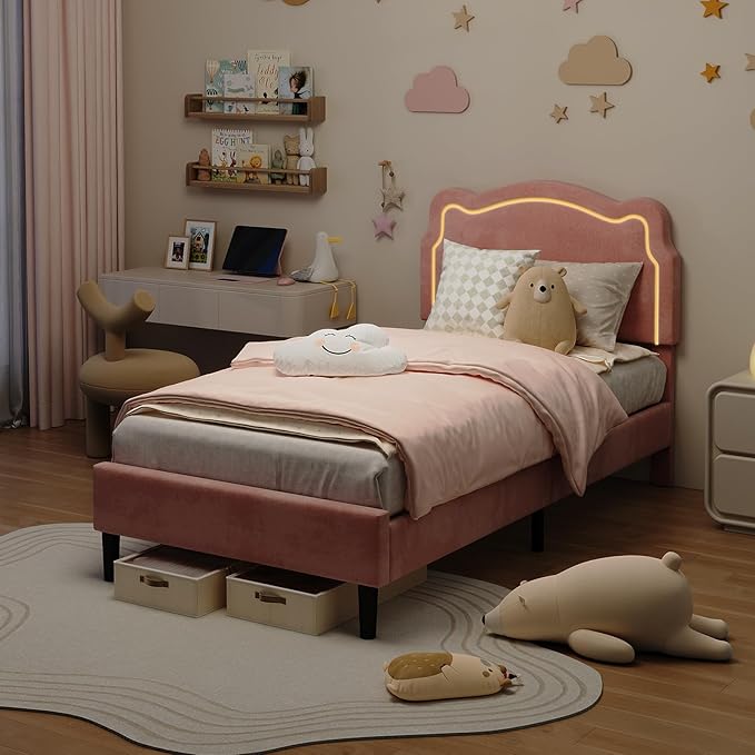 GarveeHome Twin Upholstered Smart LED Bed Frame with Headboard, Velvet Princess Platform Bed Frame for Kids, Wooden Slats Support, No Box Spring Needed (Pink)