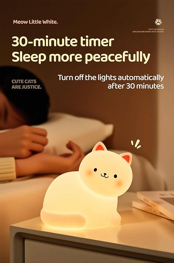 Cat Night Light for Kids,7 Colors Lamp,Tap Dimmable,Rechargeable Portable and Squishy Silicone Led Nightlight,Kawaii Gift,Timing Bedside Lamp,Nursery,Toddler,Breastfeeding,Kids Room Decor,Birthday