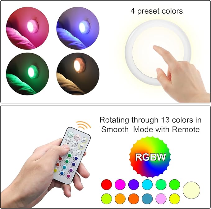 LED Puck Lights with Remote Control, 50lm RGBW Color Changing Closet Battery Light, 13 Colors Stick-on Under Cabinet Lighting, with Dimmable Function, 6 Pack