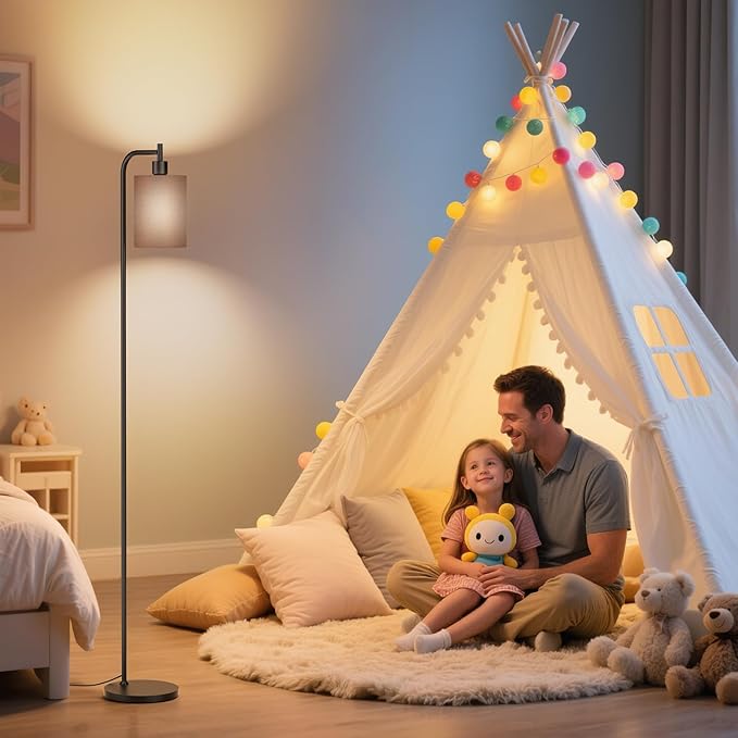 Floor Lamp with Linen Shade, Dimmable Tall Standing Lamp with Remote Control & 3 Color Temperatures, Modern Floor Lamps for Living Room Bedroom Office Corner, 9W LED Bulb Included