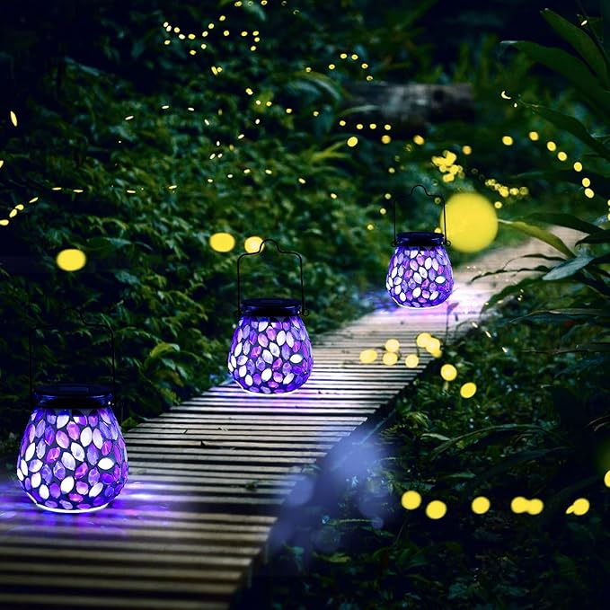 Bshine Mosaic Solar Lantern Outdoor Hanging Waterproof, Purple Mosaic Light Indoor Decorative Table, Garden Decor for Yard Outside, Path, Courtyard, Lawn, Birthday Gift for Mom Women Gardening