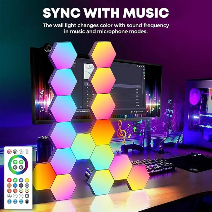 16-Pack Hexagon RGB LED Wall Lights – Modular Smart Light Panels with App & Remote Control, Music Sync & Dynamic Effects – DIY Gaming Room, Bedroom & Home Decor Lighting