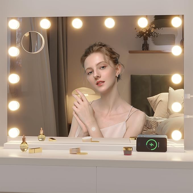 Hasipu Hollywood Vanity Mirror with Lights, 29" x 20" Makeup Mirror with 14 Dimmable LED Bulbs 3 Color Modes & Detachable, 5X Magnifying Glass, Touch Control, USB and Type-C, Tempered Glass