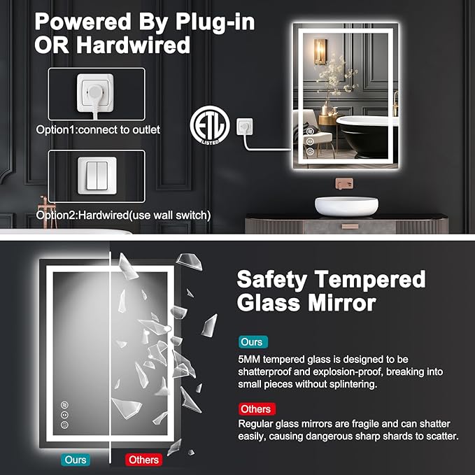 24x36 LED Bathroom Mirror with Lights, Anti Fog Vanity Mirror Wall Mounted, Dimmable Front Light and Backlight, Memory Function Tempered Glass, Shatter Proof ETL Listed