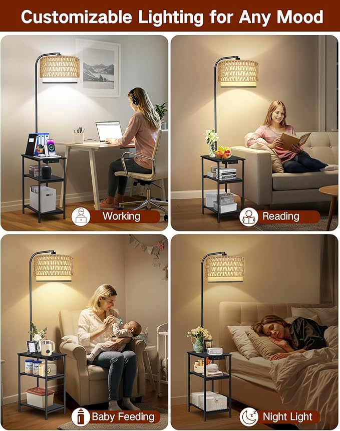 Floor Lamp with Table & Rattan Shade, Side End Table with Charging Station, Dimmable Nightstand with 3 Color Temperatures, 1-Hour Timer, 12W LED Bulb, for Living Room, Bedroom(Black)