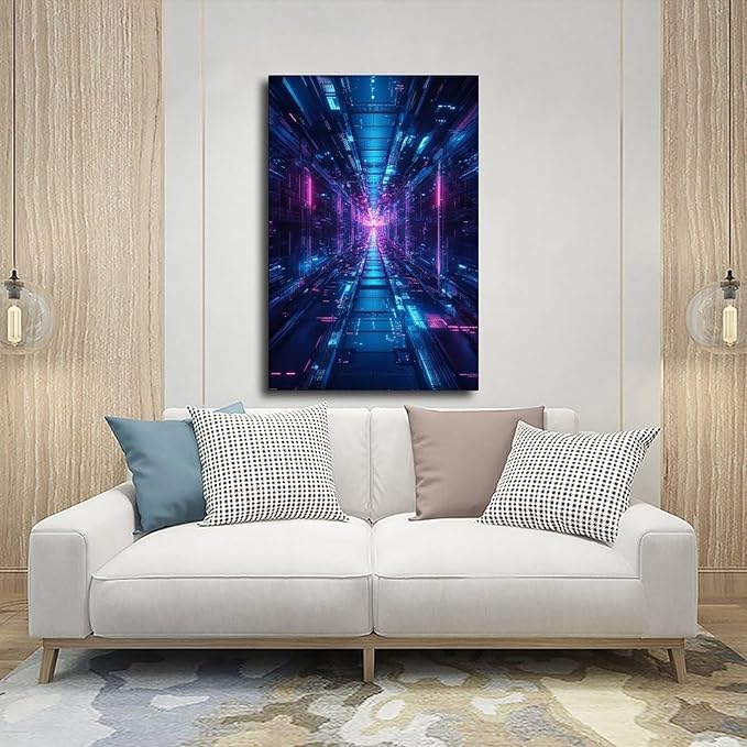 High-Tech Digital Abstract Wall Art – Glowing Geometric Canvas Print – Minimalist Futuristic Aesthetic Home Decor Canvas Poster Bedroom Decor Sports Landscape Office Room Decor Gift 08x12inch(20x30cm)