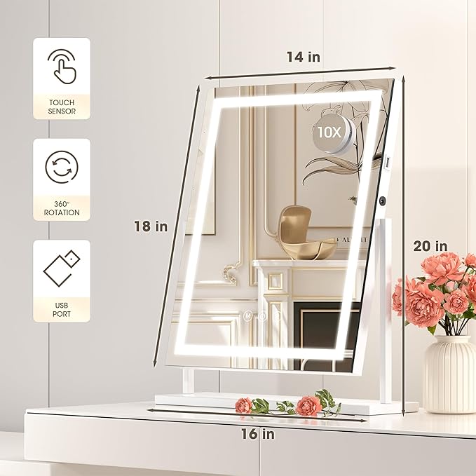 Hasipu Vanity Mirror with Lights, 35 x 45cm LED Tabletop Makeup Mirror for Desk, LSmart Touch 3 Color Modes and Brightness Adjustment, 10X Magnifying Glass,360° Rotation, White