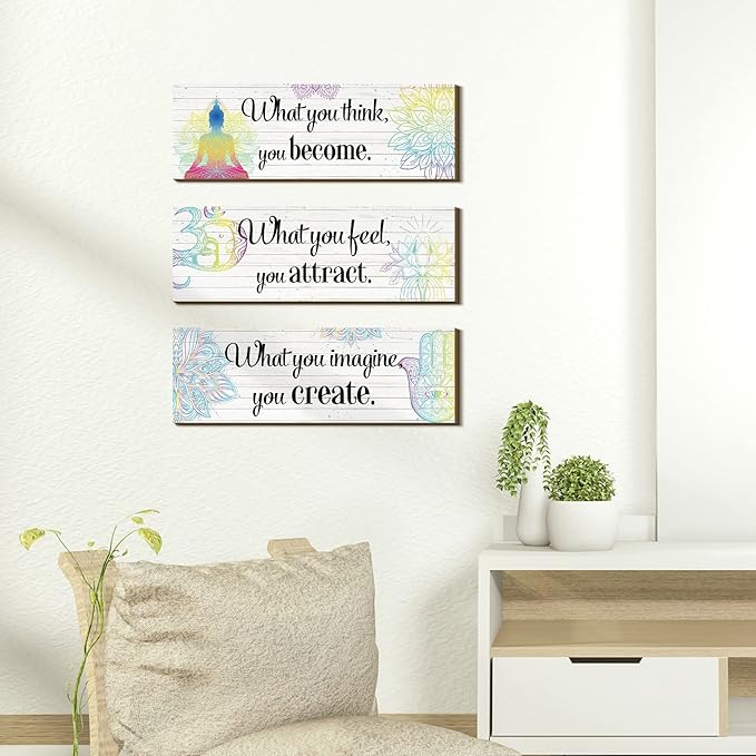 Yerliker 3 Buddha Decor Buddha Wall Art Meditation Room Chakra Decor for Bedroom Zen Quotes Wall Decoration Spiritual Gift Hanging Buddhism Spa Room Decoration Yoga Art for Women(White)